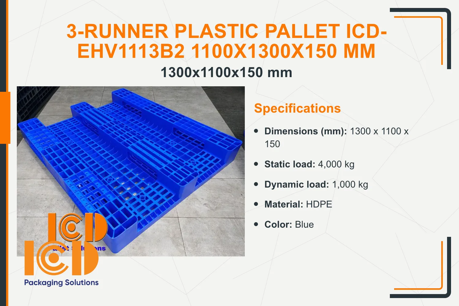 3-Runner Plastic Pallet ICD-EHV1113B2 1100x1300x150 mm