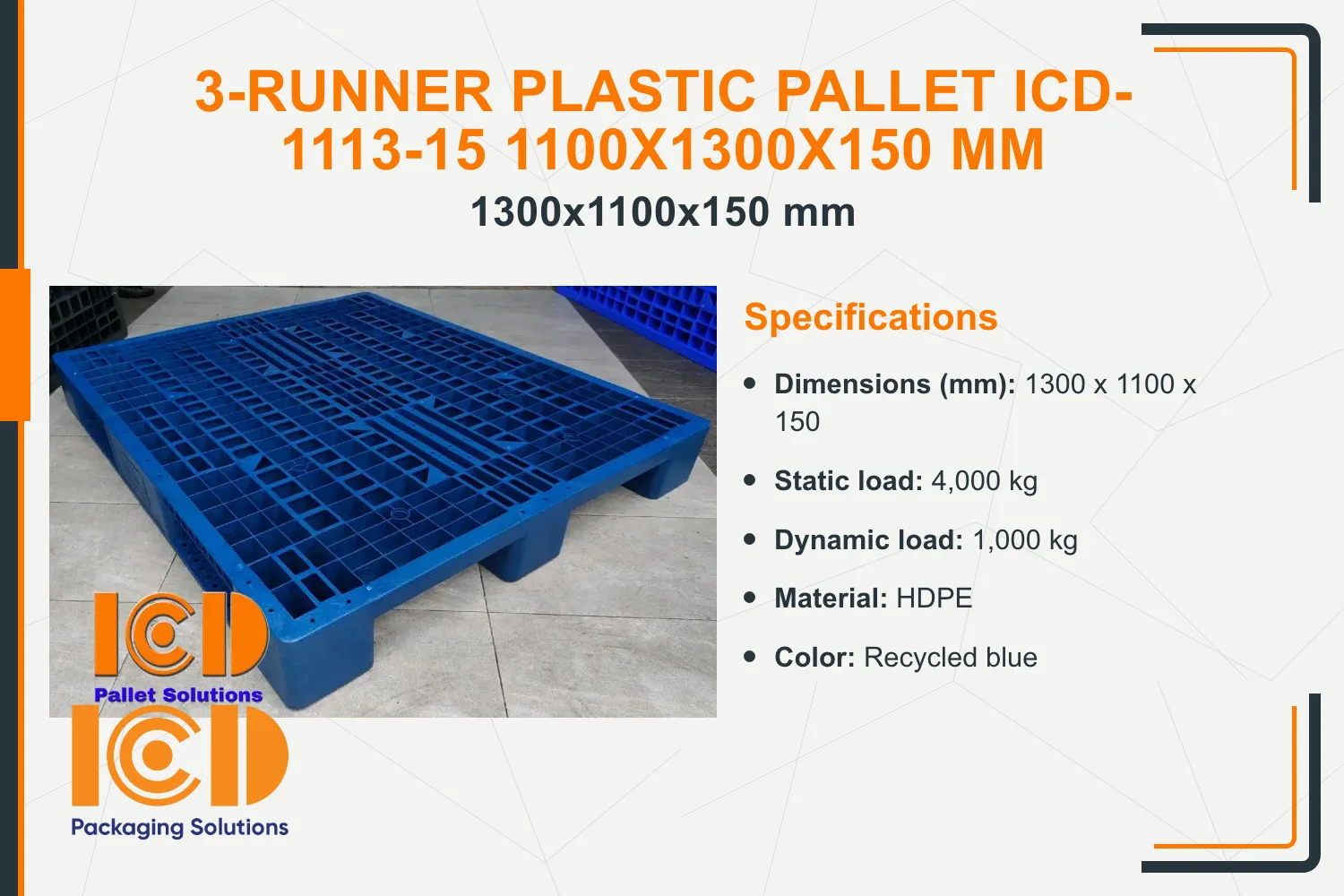 3-Runner Plastic Pallet ICD-1113-15 1100x1300x150 mm