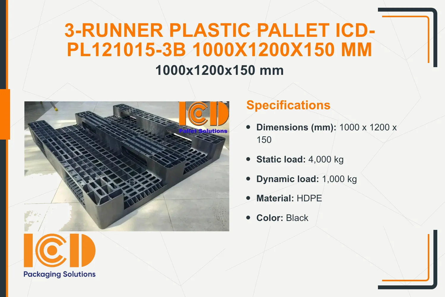 3-Runner Plastic Pallet ICD-PL121015-3B 1000x1200x150 mm
