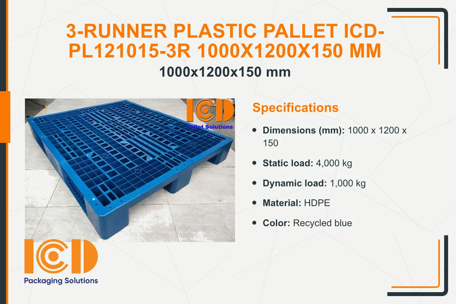 3-Runner Plastic Pallet ICD-PL121015-3R 1000x1200x150 mm