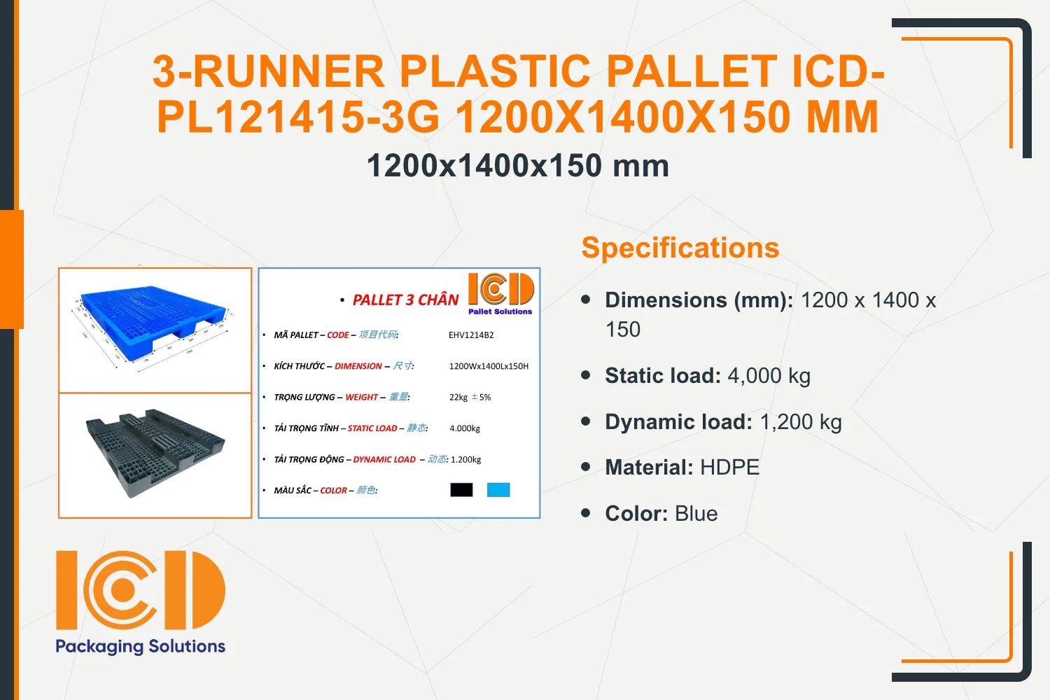 3-Runner Plastic Pallet ICD-PL121415-3G 1200x1400x150 mm