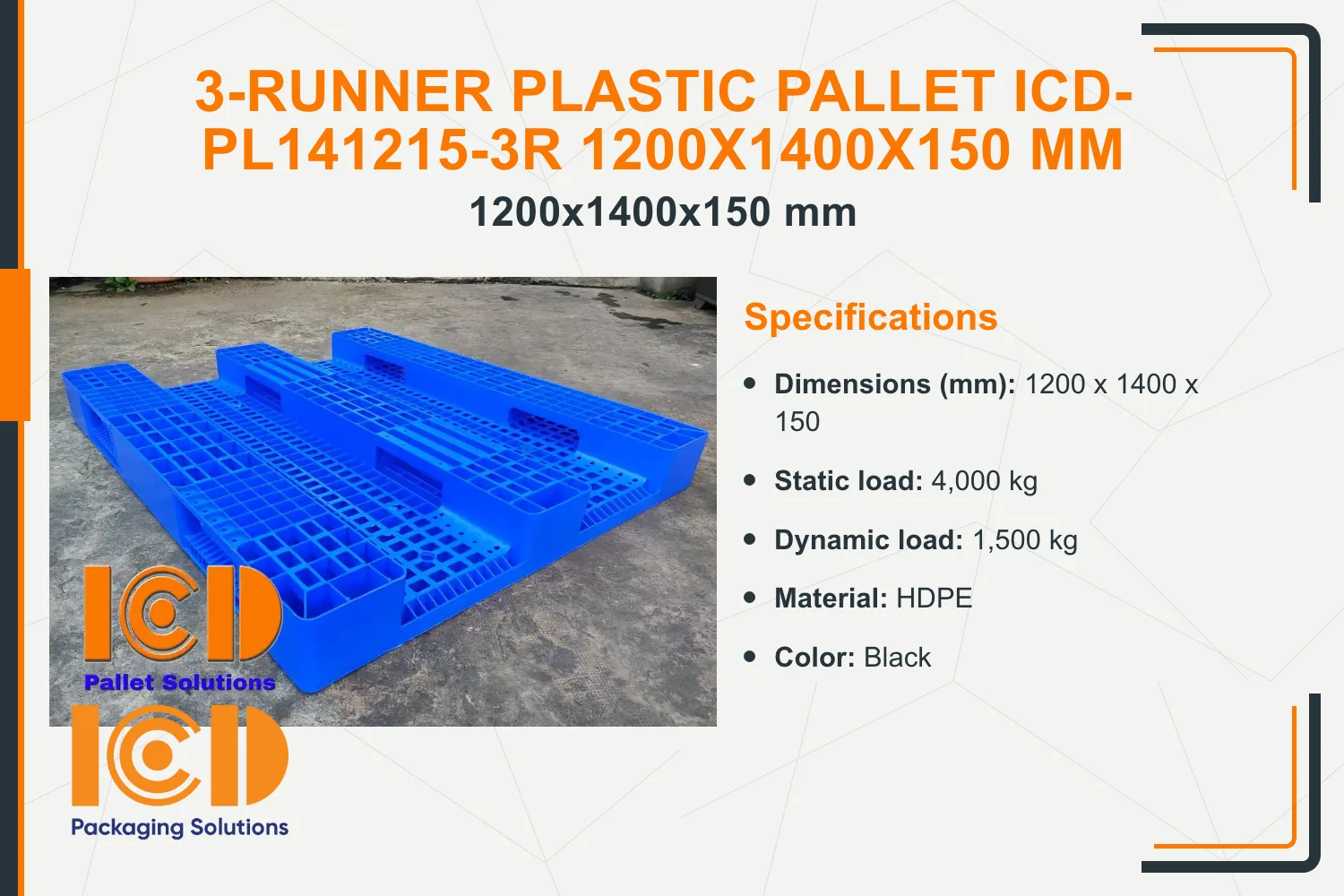 3-Runner Plastic Pallet ICD-PL141215-3R 1200x1400x150 mm