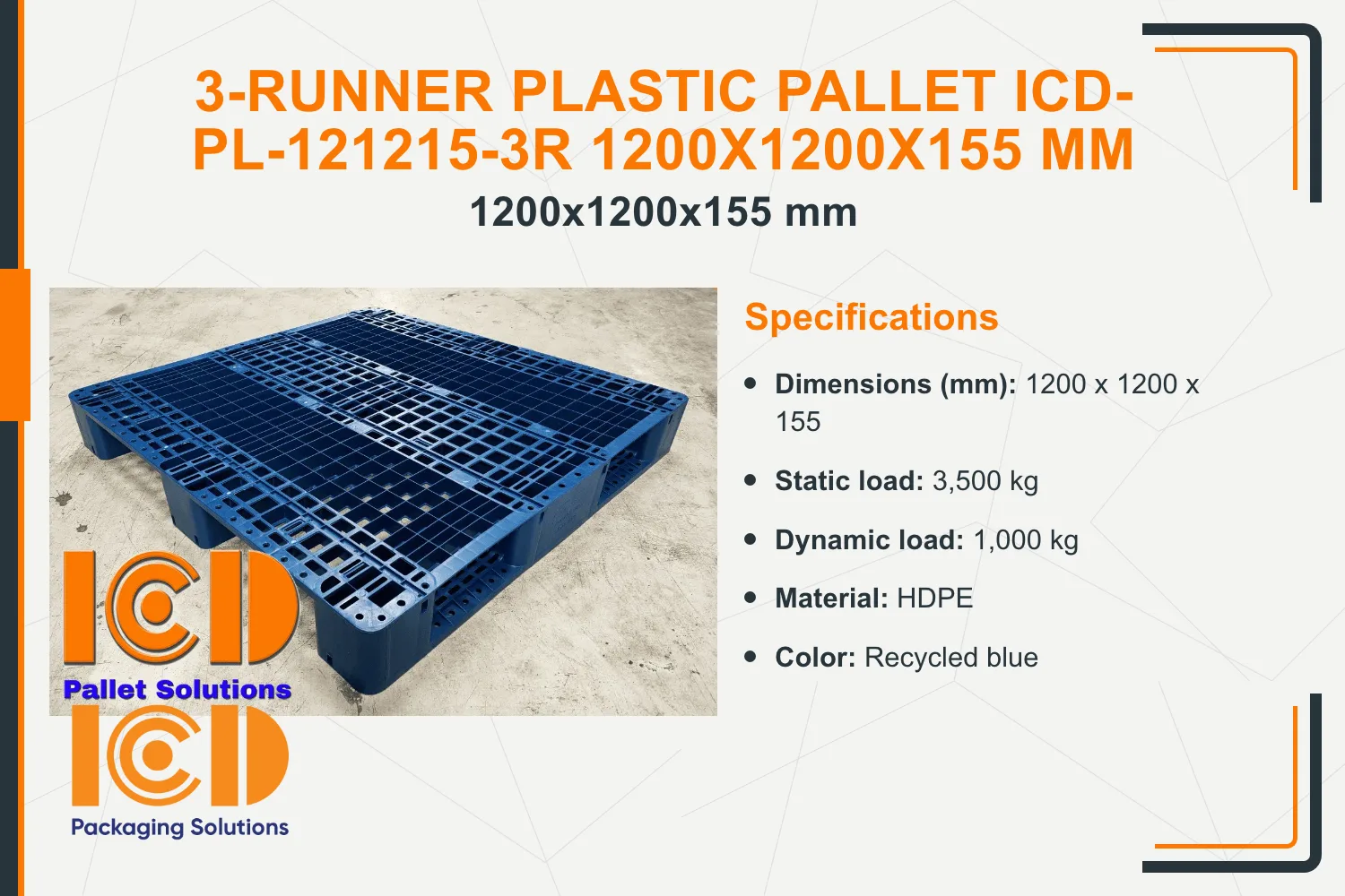 3-Runner Plastic Pallet ICD-PL-121215-3R 1200x1200x155 mm