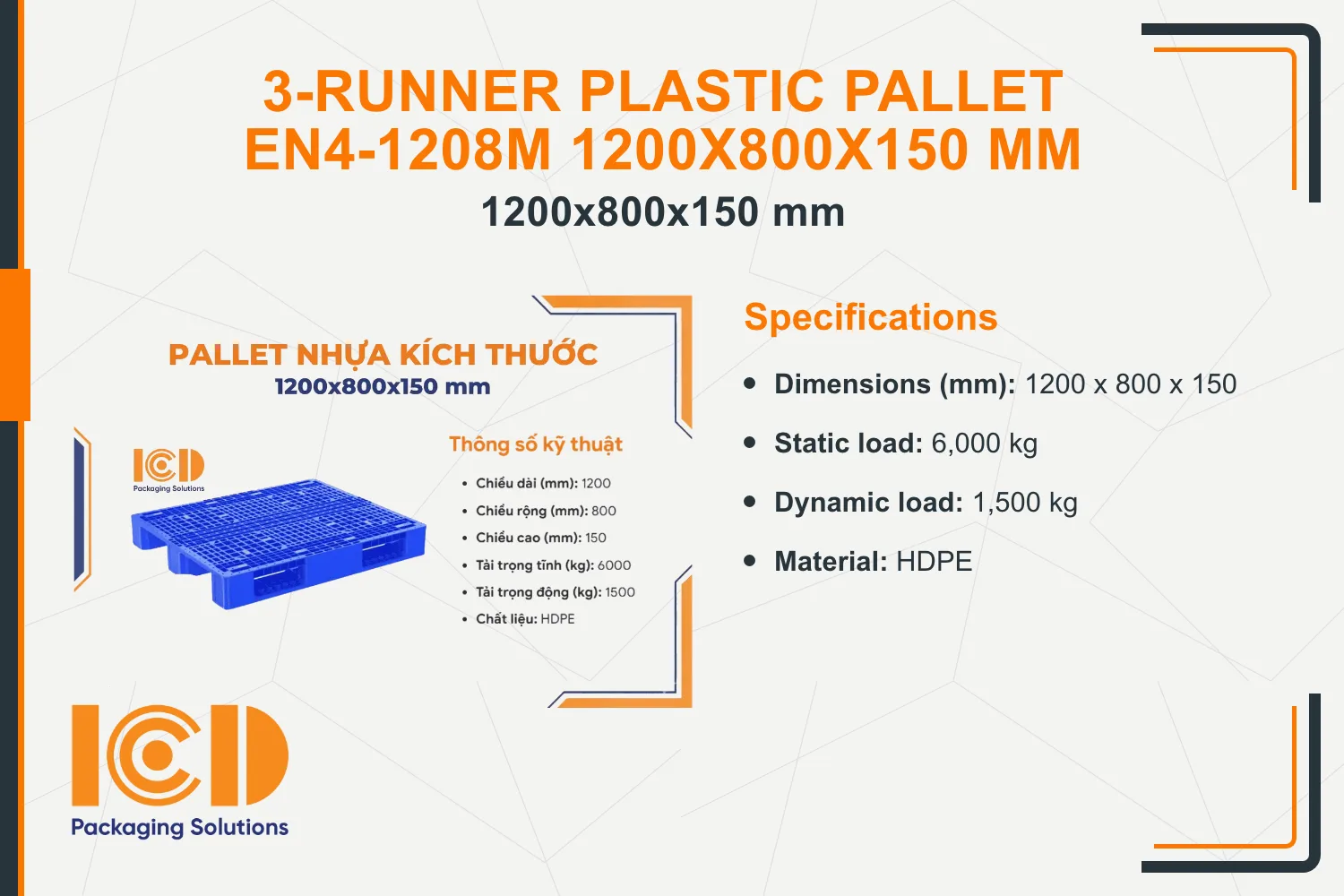 3-Runner Plastic Pallet EN4-1208M 1200x800x150 mm