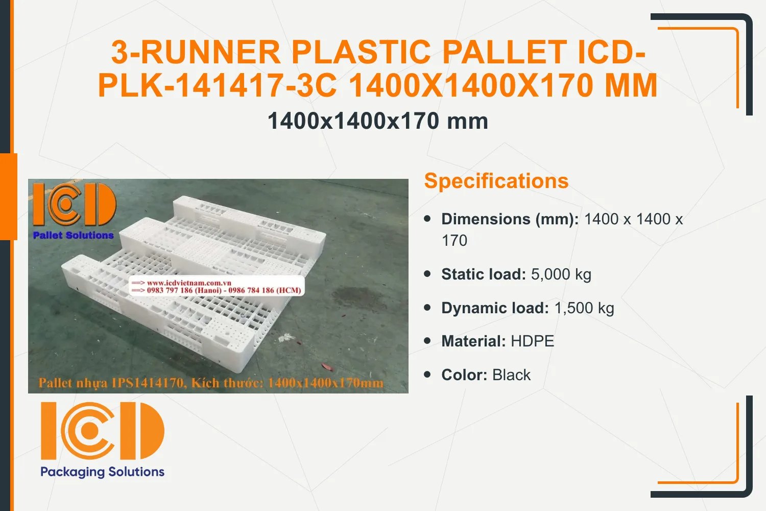 3-Runner Plastic Pallet ICD-PLK-141417-3C 1400x1400x170 mm