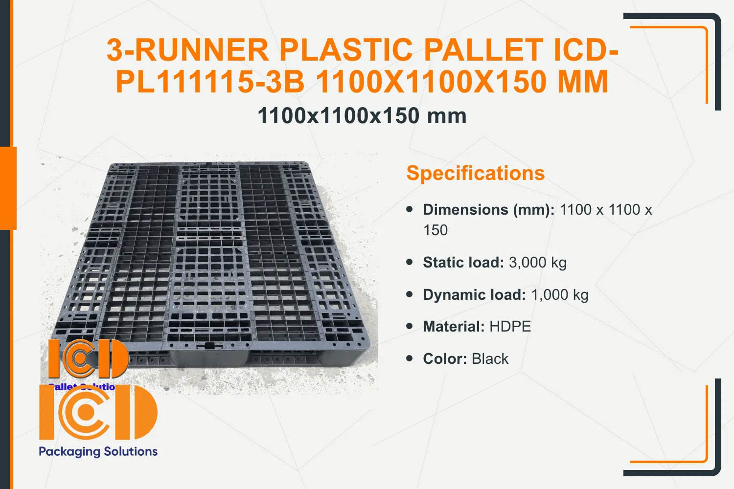 3-Runner Plastic Pallet ICD-PL111115-3B 1100x1100x150 mm