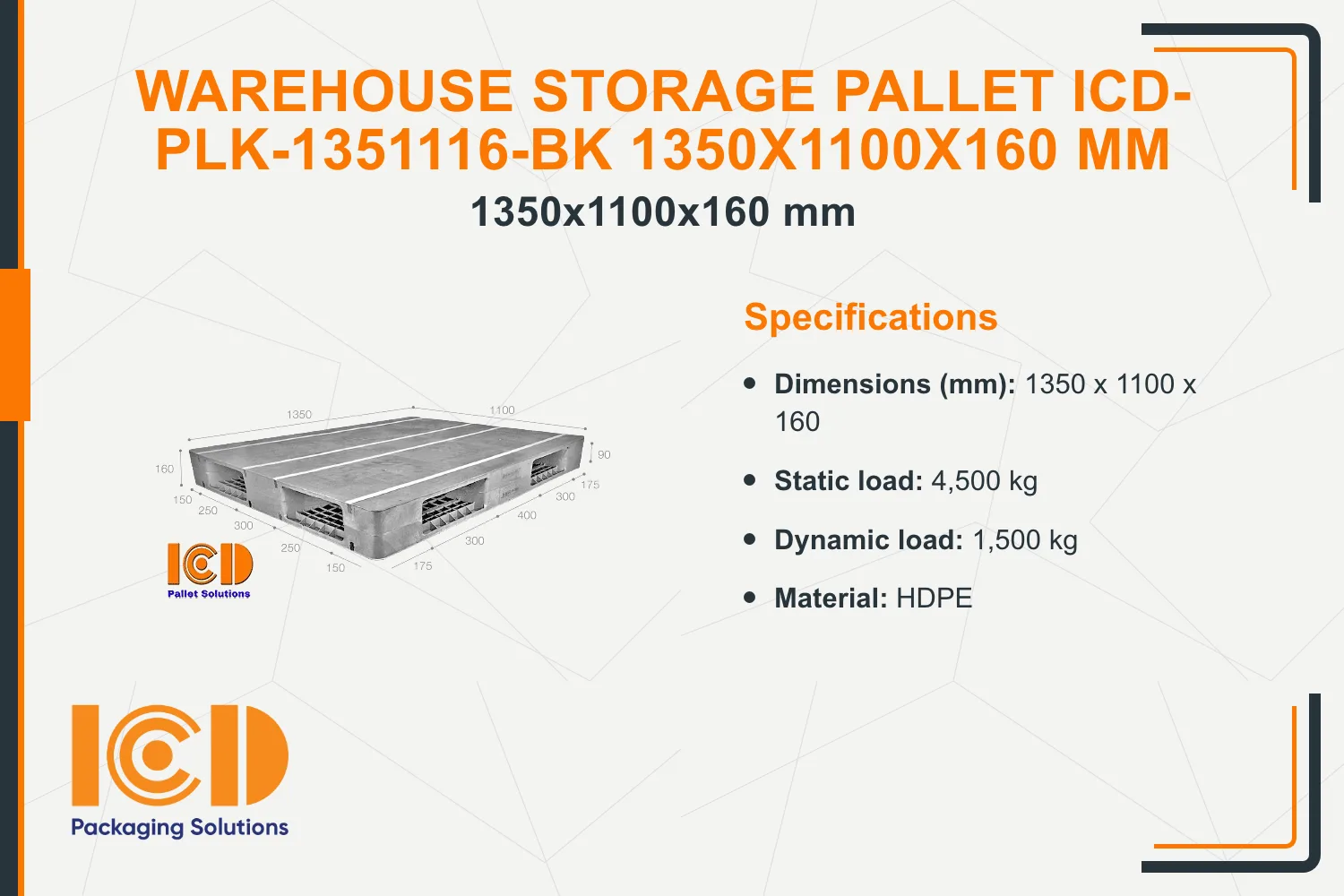 Warehouse Storage Pallet ICD-PLK-1351116-BK 1350x1100x160 mm