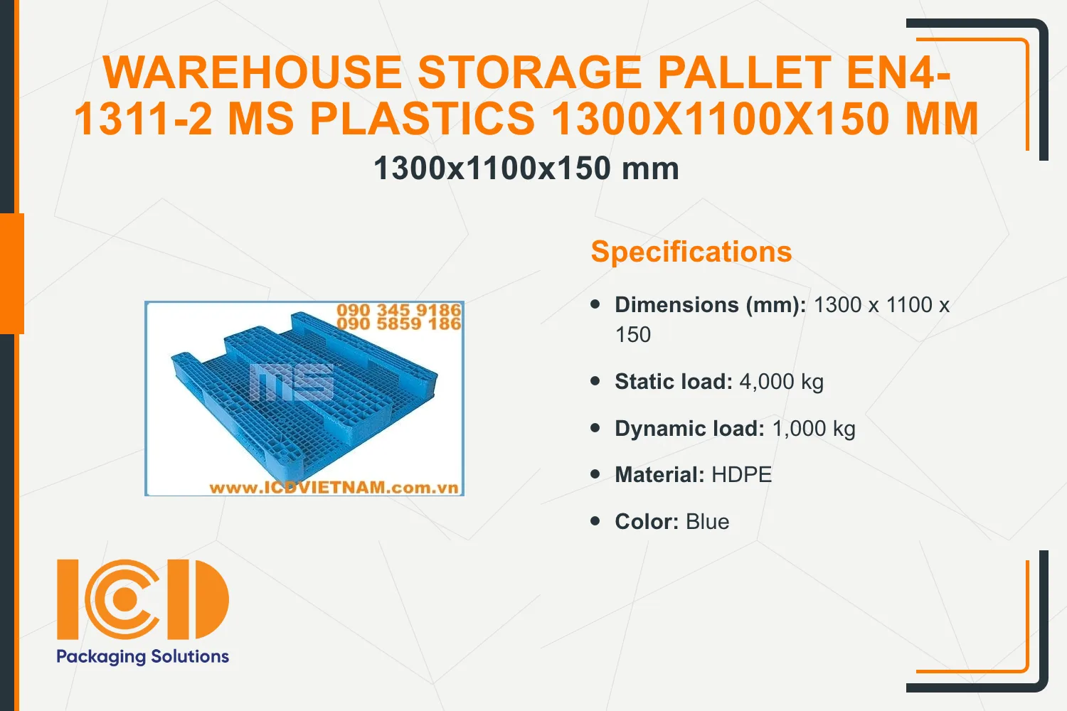 Warehouse Storage Pallet EN4-1311-2 MS Plastics 1300x1100x150 mm