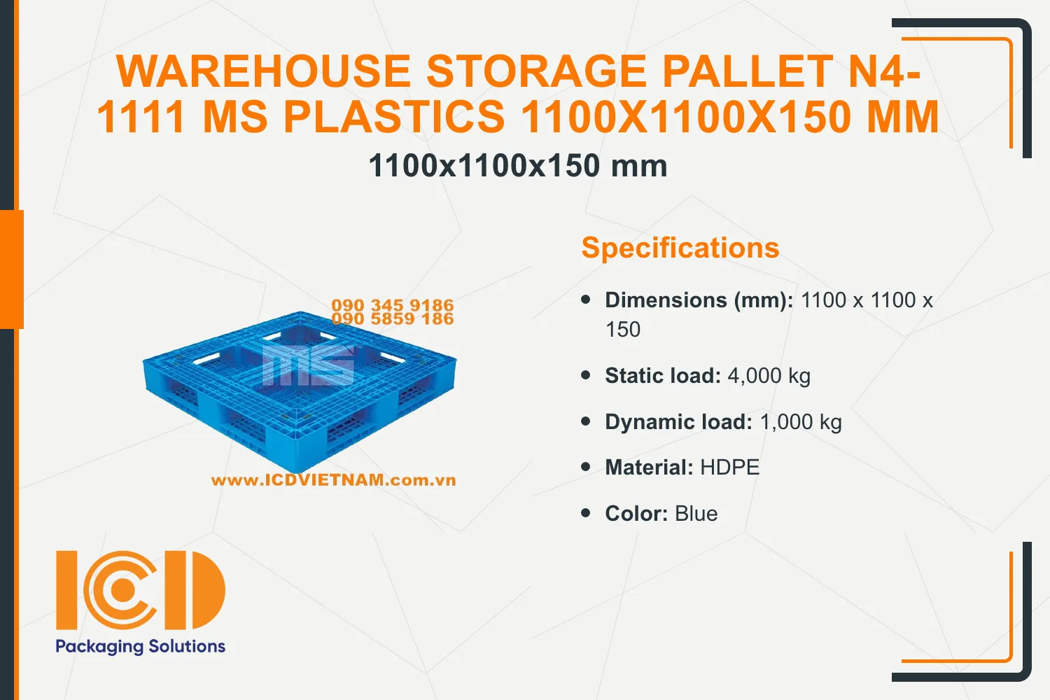 Warehouse Storage Pallet N4-1111 MS Plastics 1100x1100x150 mm