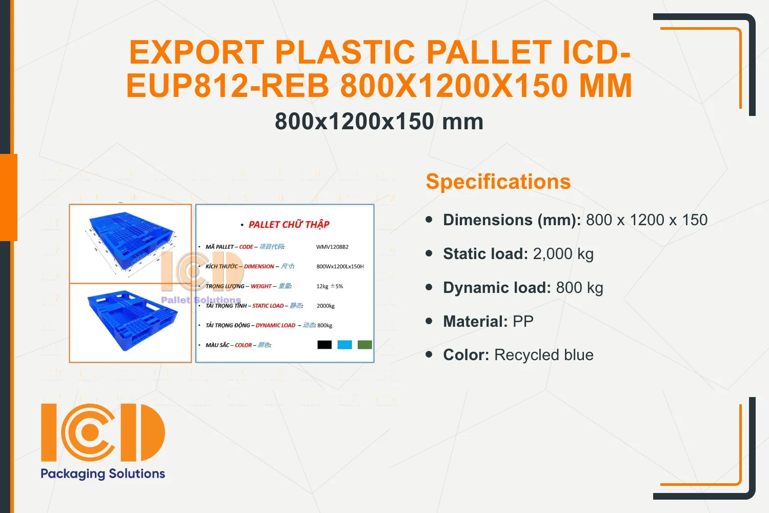 Export Plastic Pallet ICD-EUP812-REB 800x1200x150 mm
