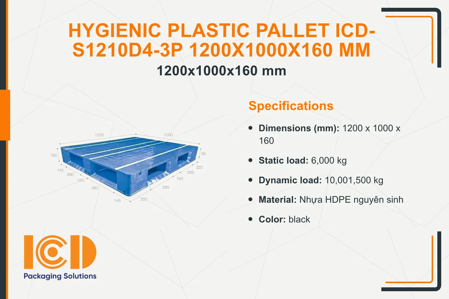 Hygienic Plastic Pallet ICD-S1210D4-3P 1200x1000x160 mm