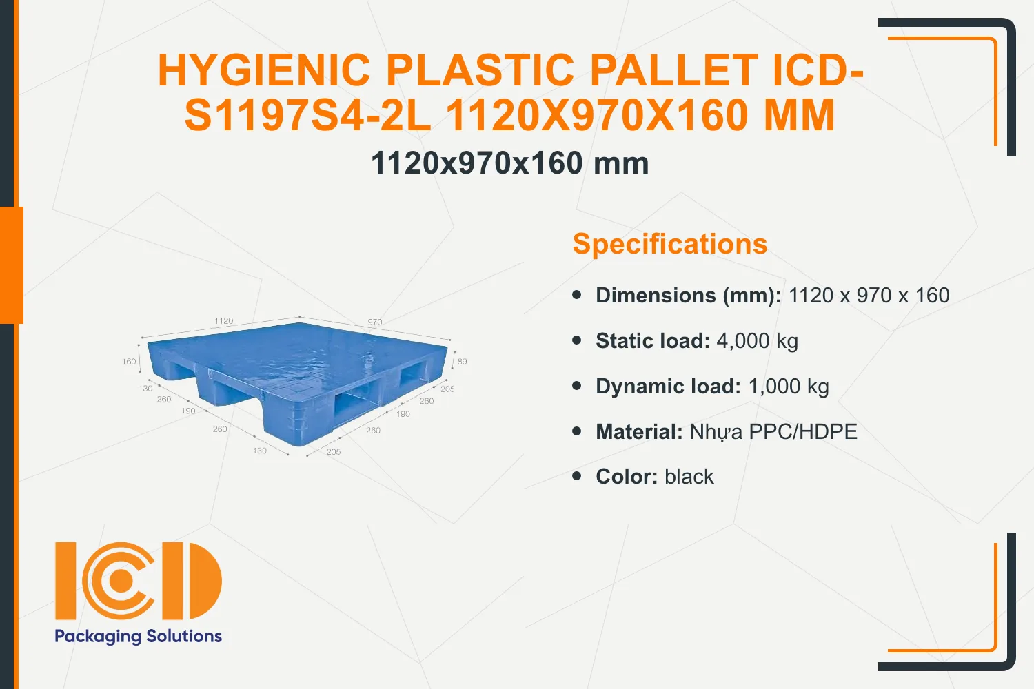 Hygienic Plastic Pallet ICD-S1197S4-2L 1120x970x160 mm