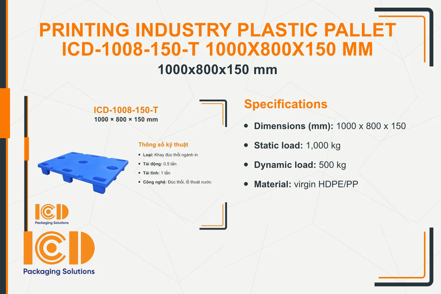 Printing Industry Plastic Pallet ICD-1008-150-T 1000x800x150 mm