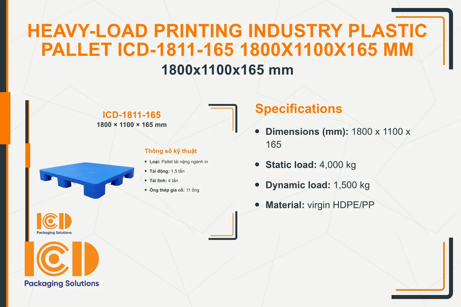 Heavy-Load Printing Industry Plastic Pallet ICD-1811-165 1800x1100x165 mm