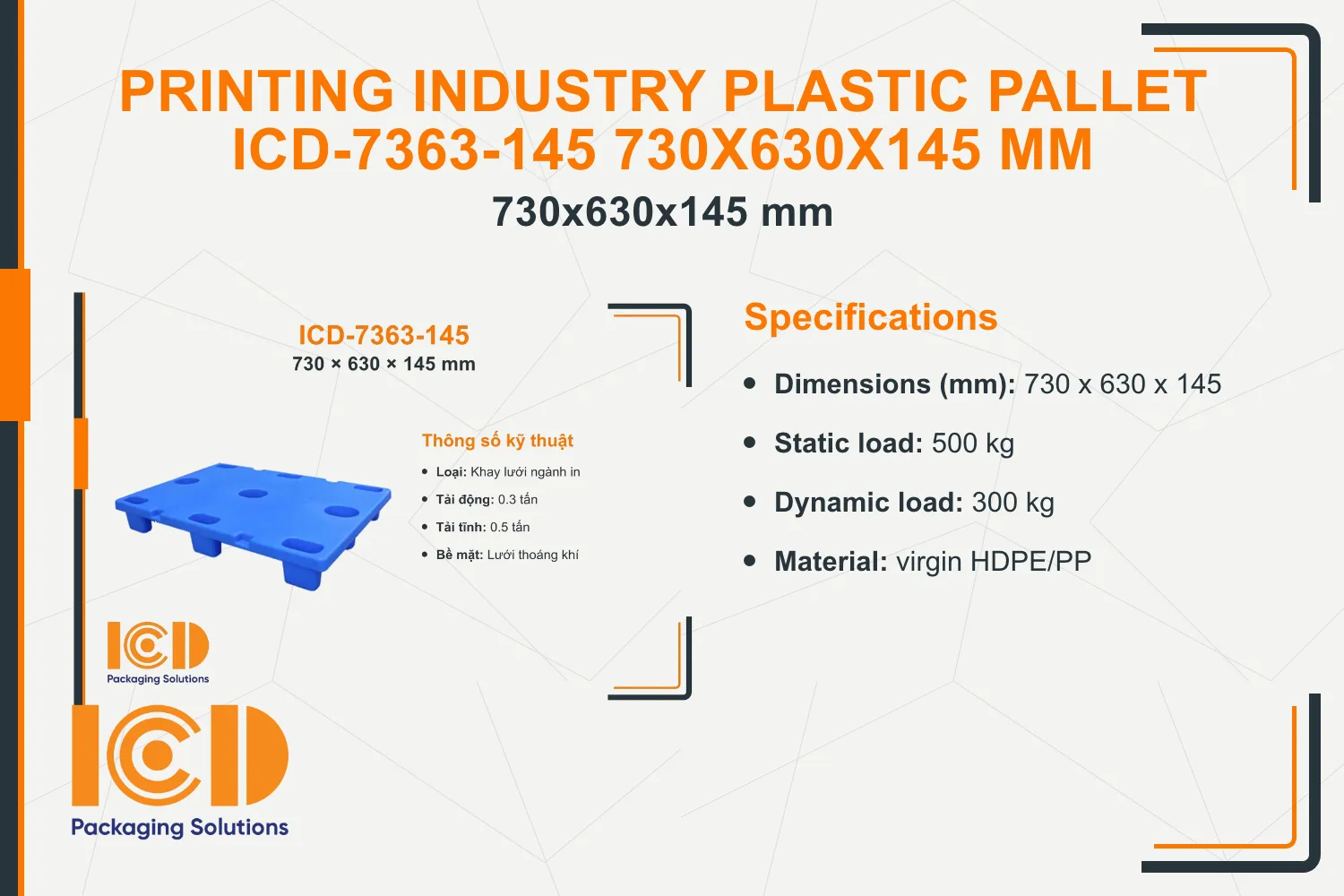 Printing Industry Plastic Pallet ICD-7363-145 730x630x145 mm