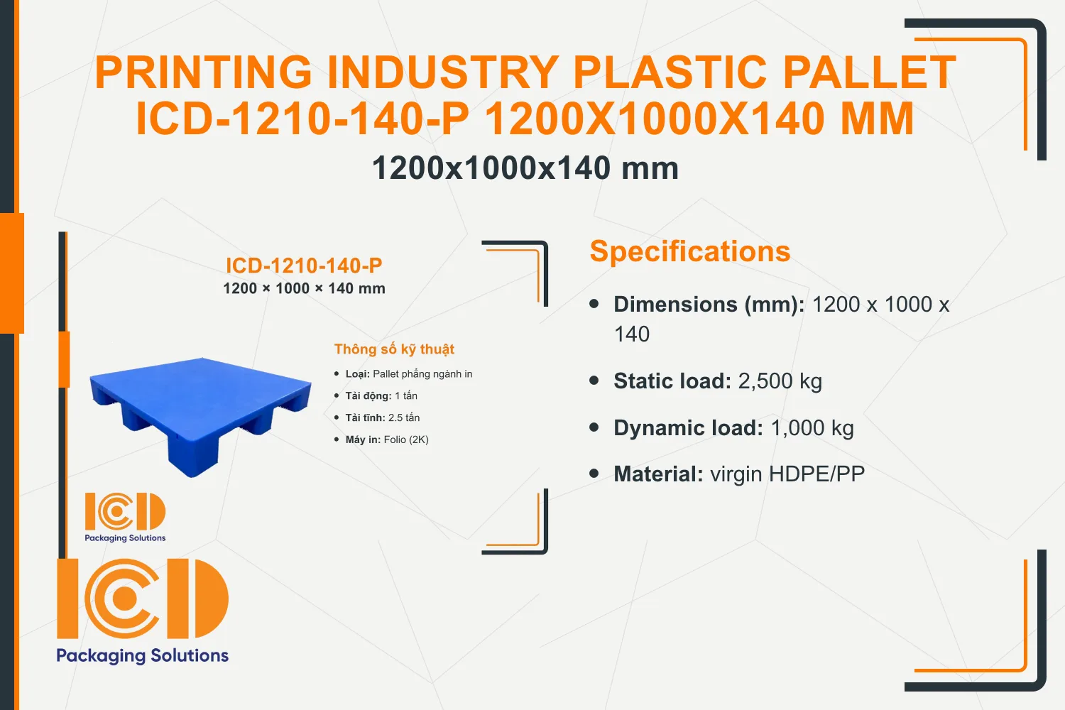 Printing Industry Plastic Pallet ICD-1210-140-P 1200x1000x140 mm