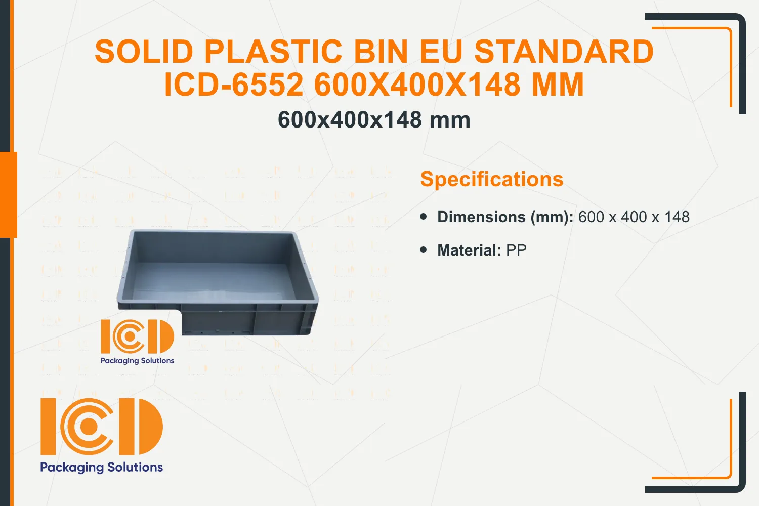 Solid Plastic Bin EU standard ICD-6552 600x400x148 mm