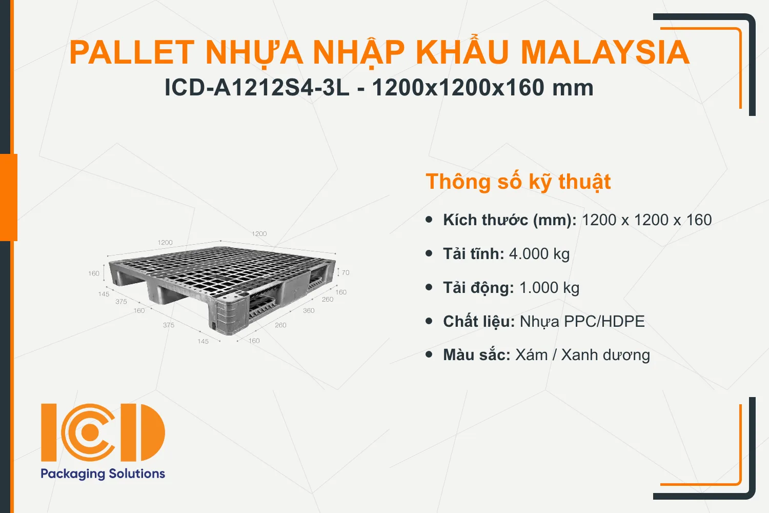 Pallet nhựa cho kệ tự động ASRS nhập khẩu Malaysia ICD-A1212S4-3L (1200 x 1200 x 160 mm)