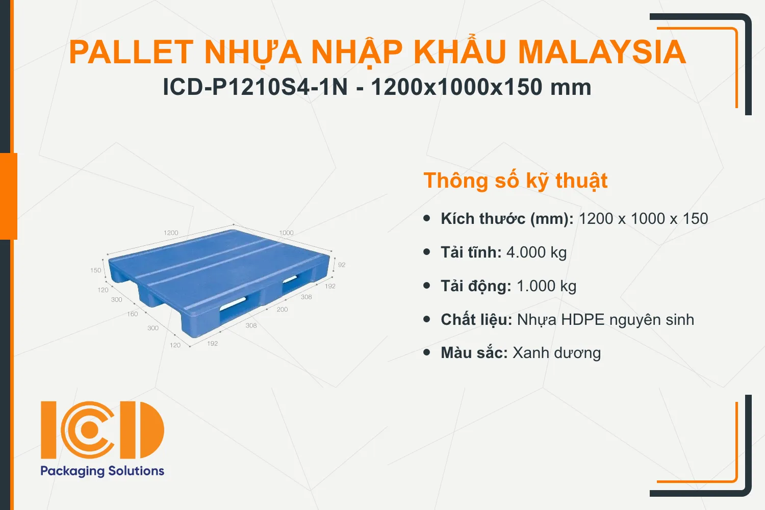 Pallet nhựa dược phẩm nhập khẩu Malaysia ICD-P1210S4-1N (1200 x 1000 x 150 mm)