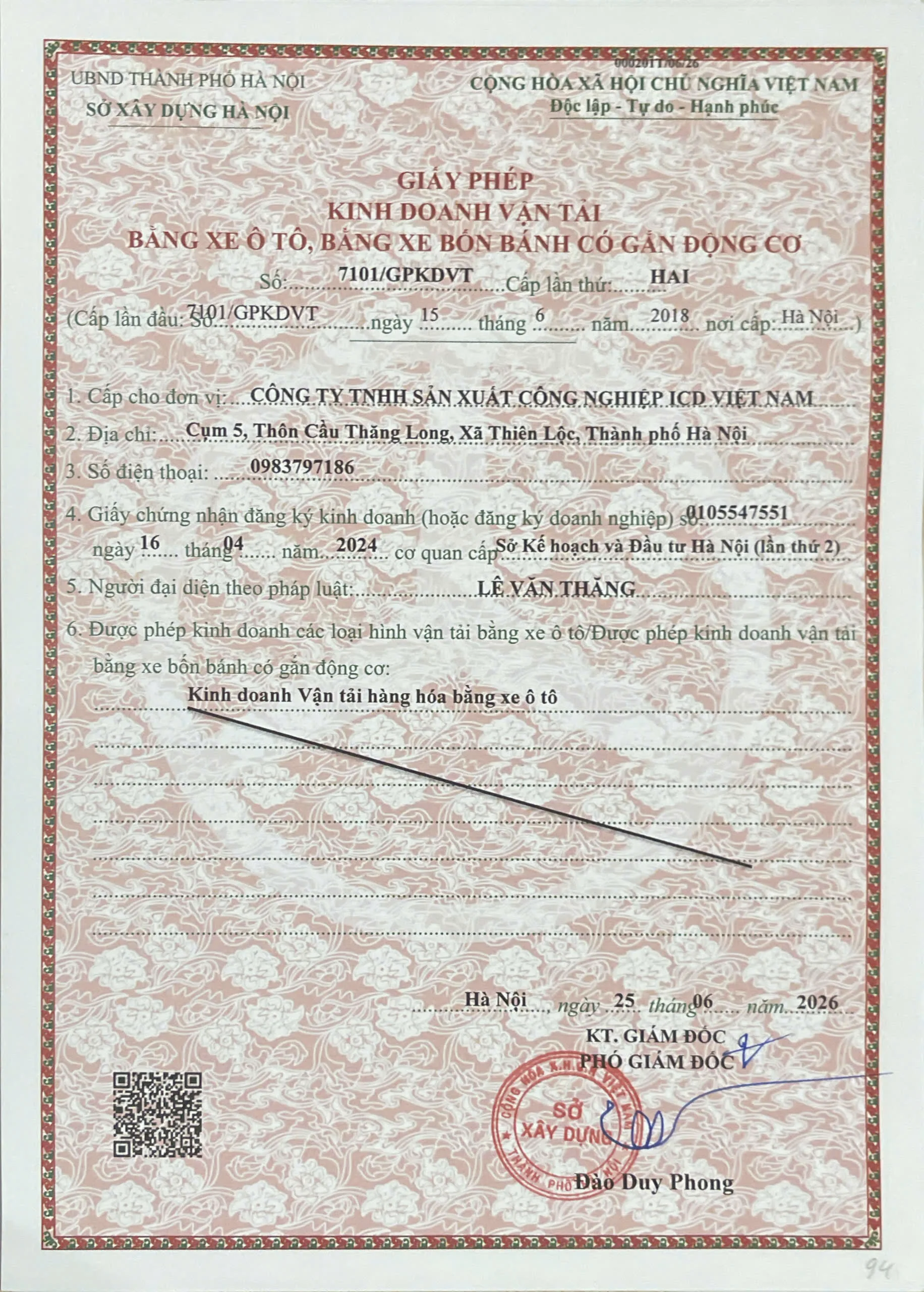 Giấy phép kinh doanh vận tải hàng hóa bằng xe ô tô của ICD Việt Nam