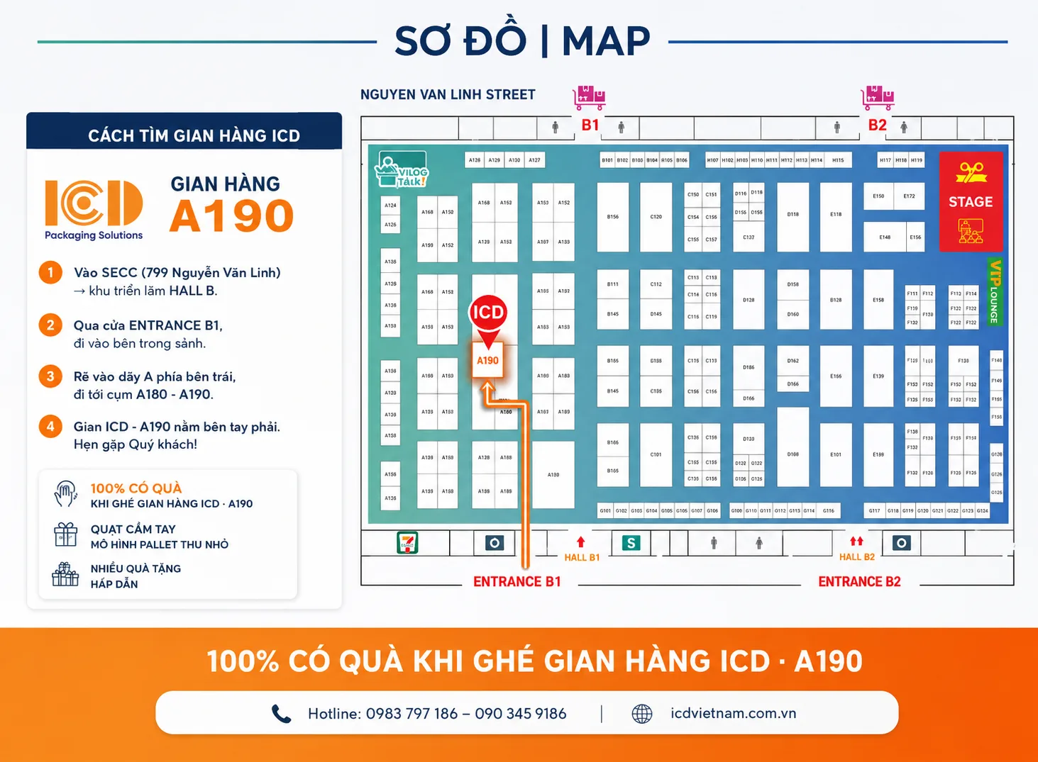 Sơ đồ hướng dẫn đến gian hàng ICD A190 tại VILOG 2026, Hall B SECC
