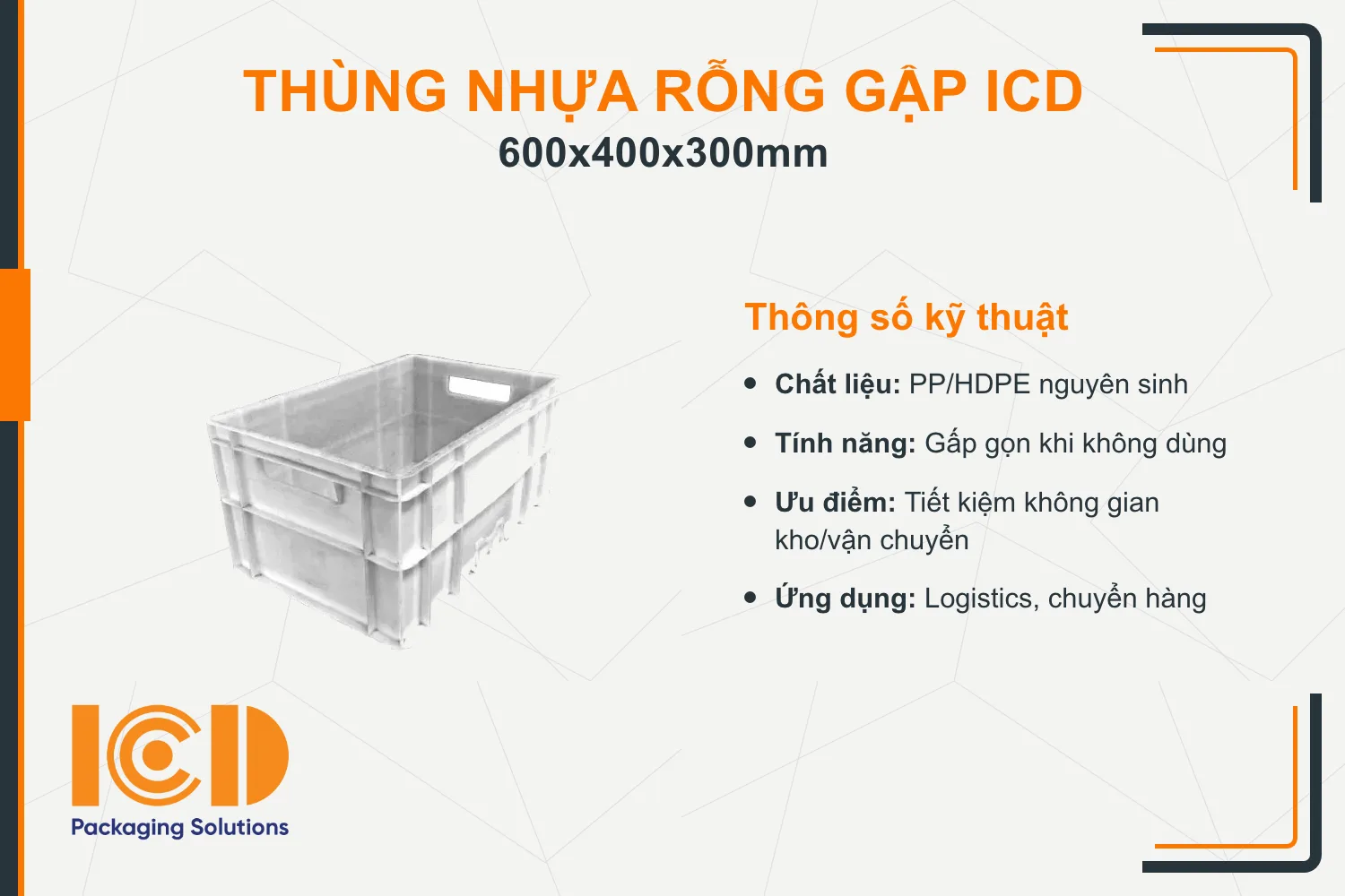 Thùng nhựa rỗng gập ICD KT600x400x300mm