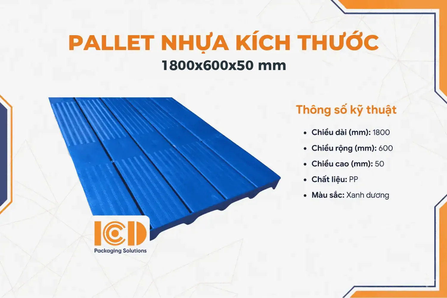 Pallet nhựa lót sàn không chân 1800x600x50 mm màu xanh dương