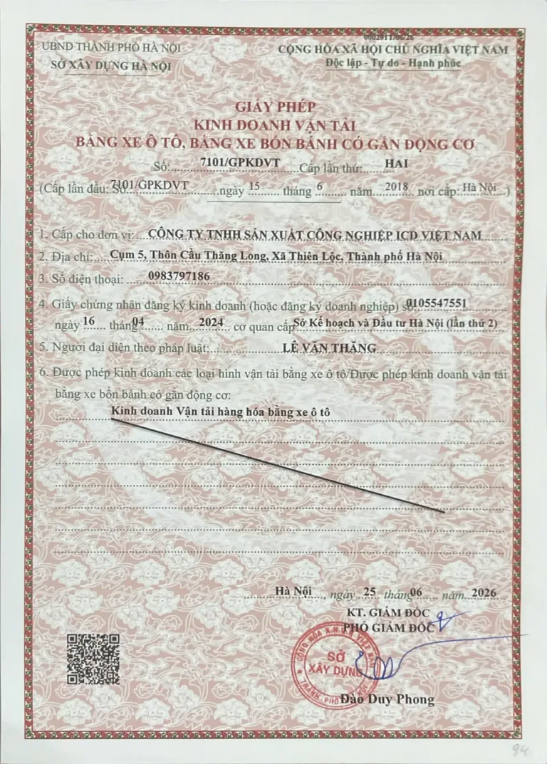 Giấy phép kinh doanh vận tải hàng hóa bằng xe ô tô số 7101/GPKDVT của Công ty TNHH Sản xuất Công nghiệp ICD Việt Nam