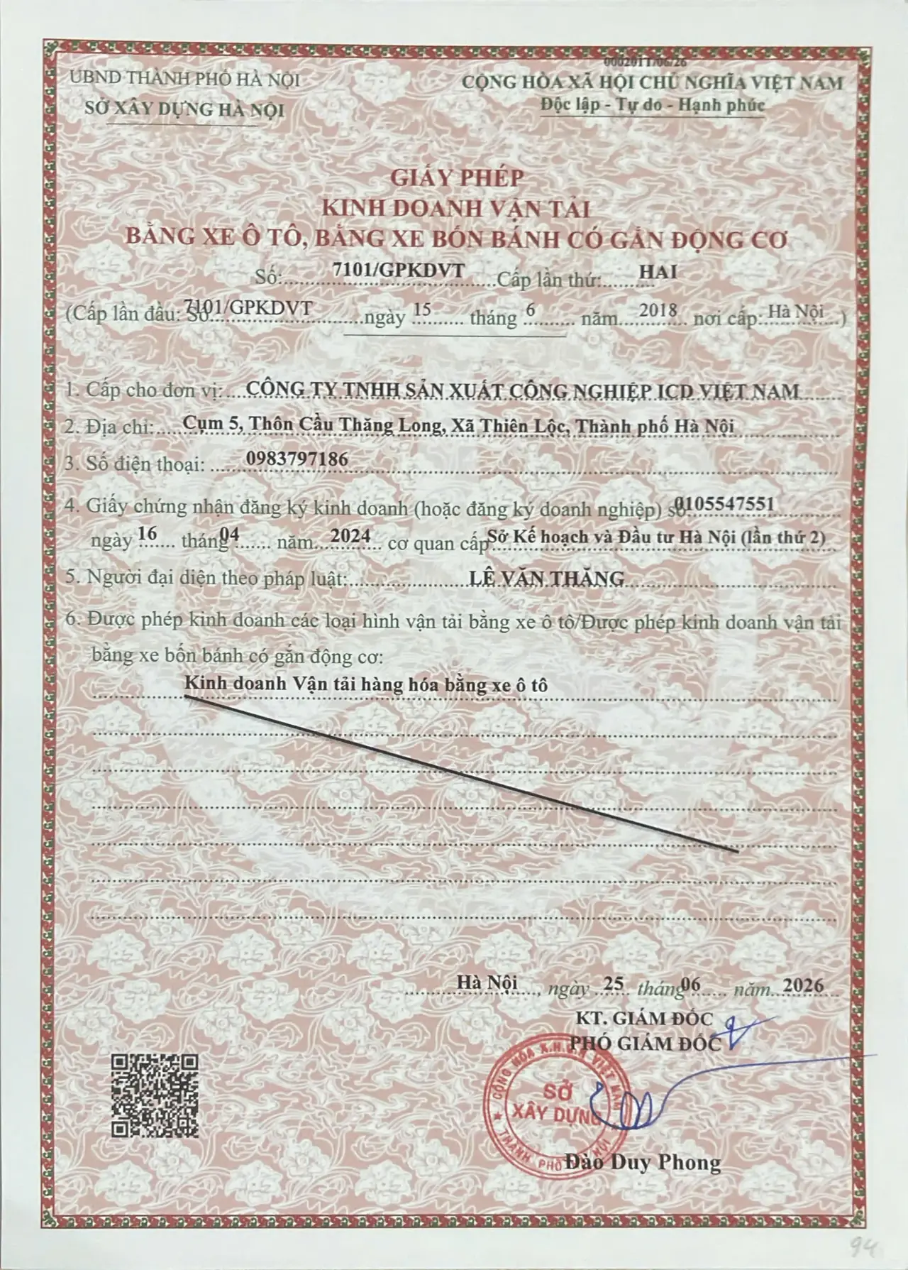 Giấy phép kinh doanh vận tải hàng hóa bằng xe ô tô của ICD Việt Nam
