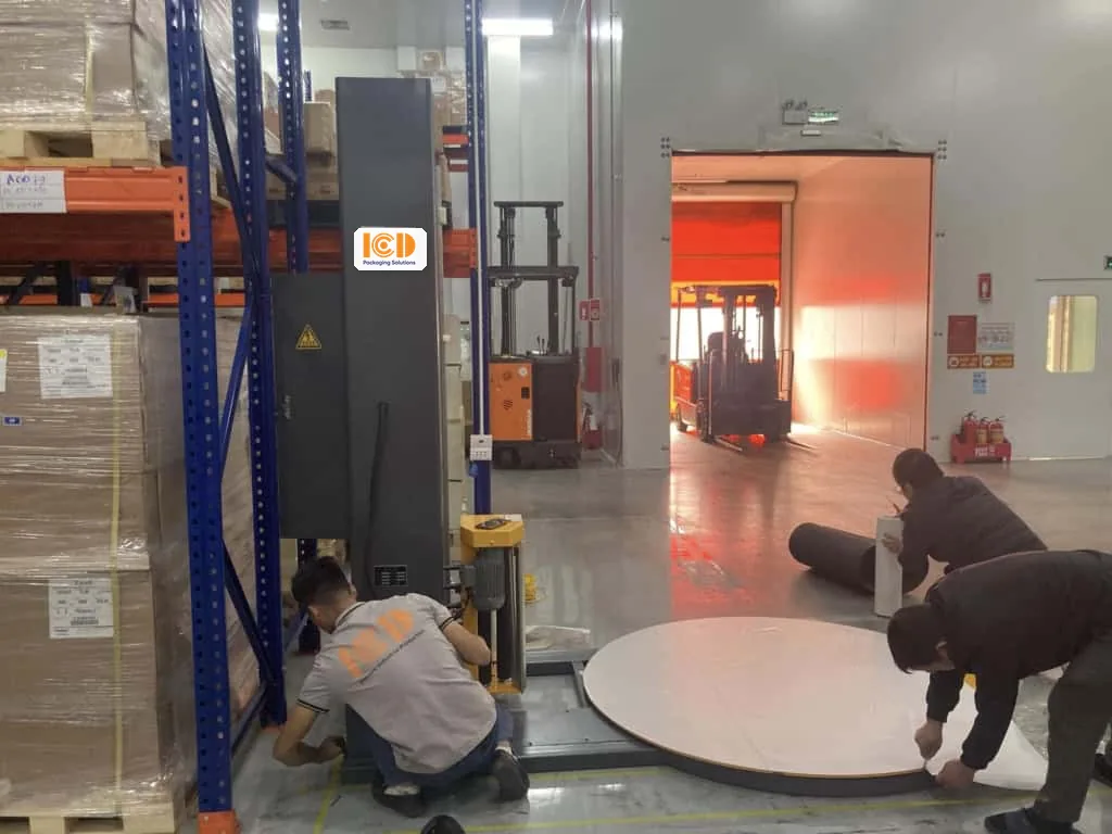 Kỹ thuật viên ICD Việt Nam lắp mâm xoay máy quấn màng trong kho lạnh có xe nâng