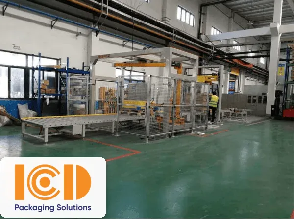 Máy quấn màng cánh tay quay ICD R1800FZ-PL lắp trên dây chuyền băng tải con lăn