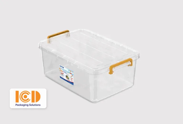 ICD No.H117 30 liter clear lidded plastic bin with orange side latches