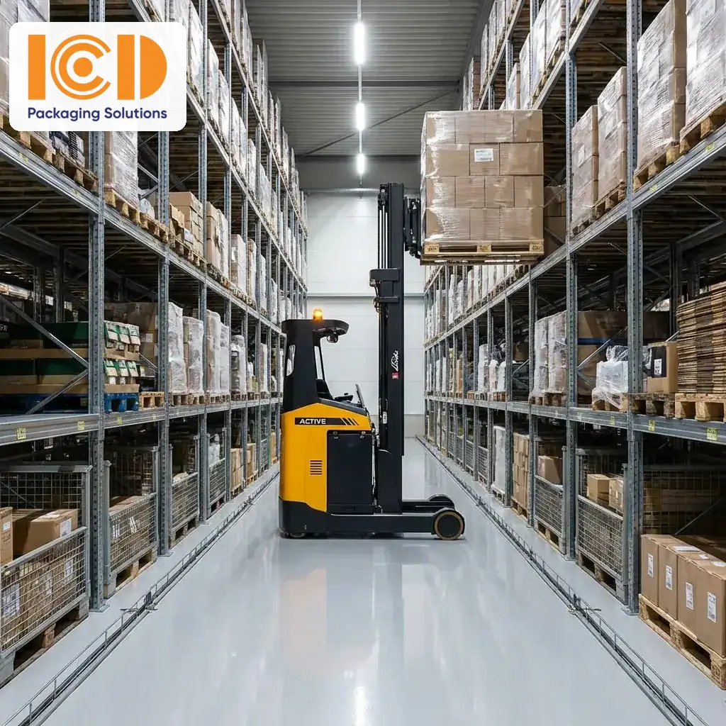 Yellow electric reach truck working between two rows of high racking in an enclosed warehouse with a light-painted floor