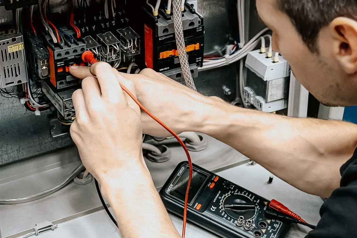 Technician using a multimeter to measure voltage at an electrical cabinet with a contactor