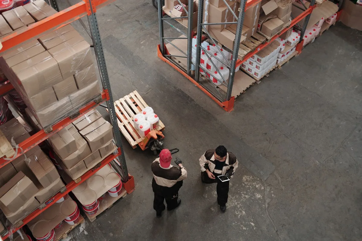 Multi-level racking holding pallet loads, seen from above