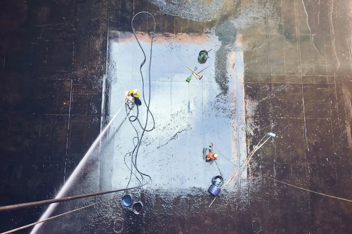 Worker using a pressure hose to wash a wide surface, with a bucket and broom beside