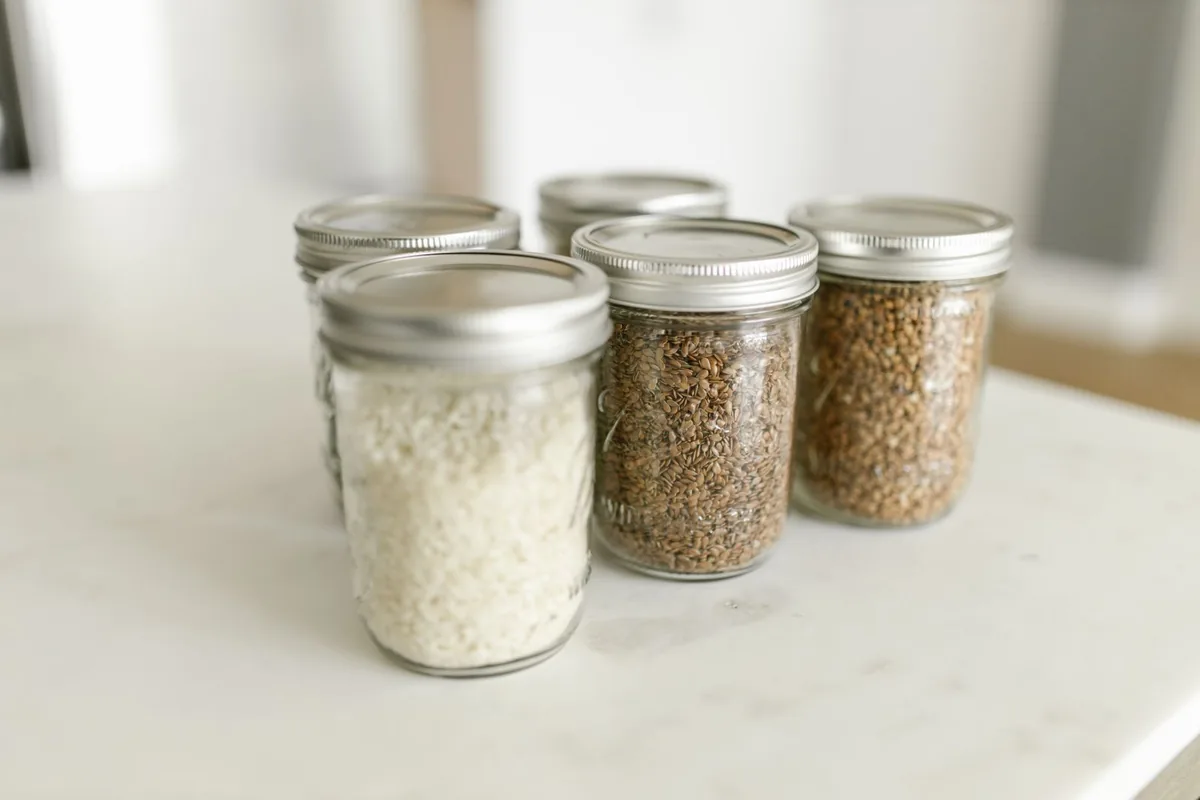 Three glass jars with metal lids holding white rice and grains on a kitchen counter