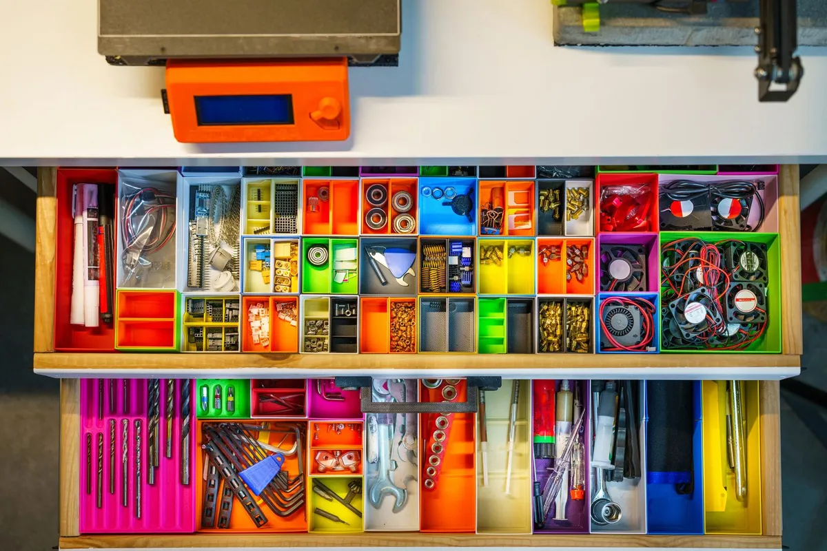 Plastic multi-compartment drawer in colors holding electronic parts and tools
