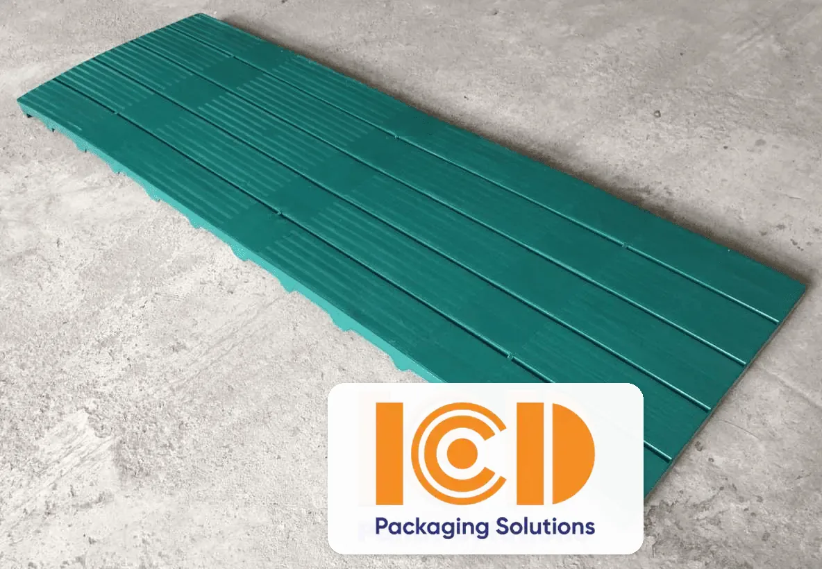Green footless ICD floor-lining plastic pallet sheet, 1800 x 600 x 50 mm