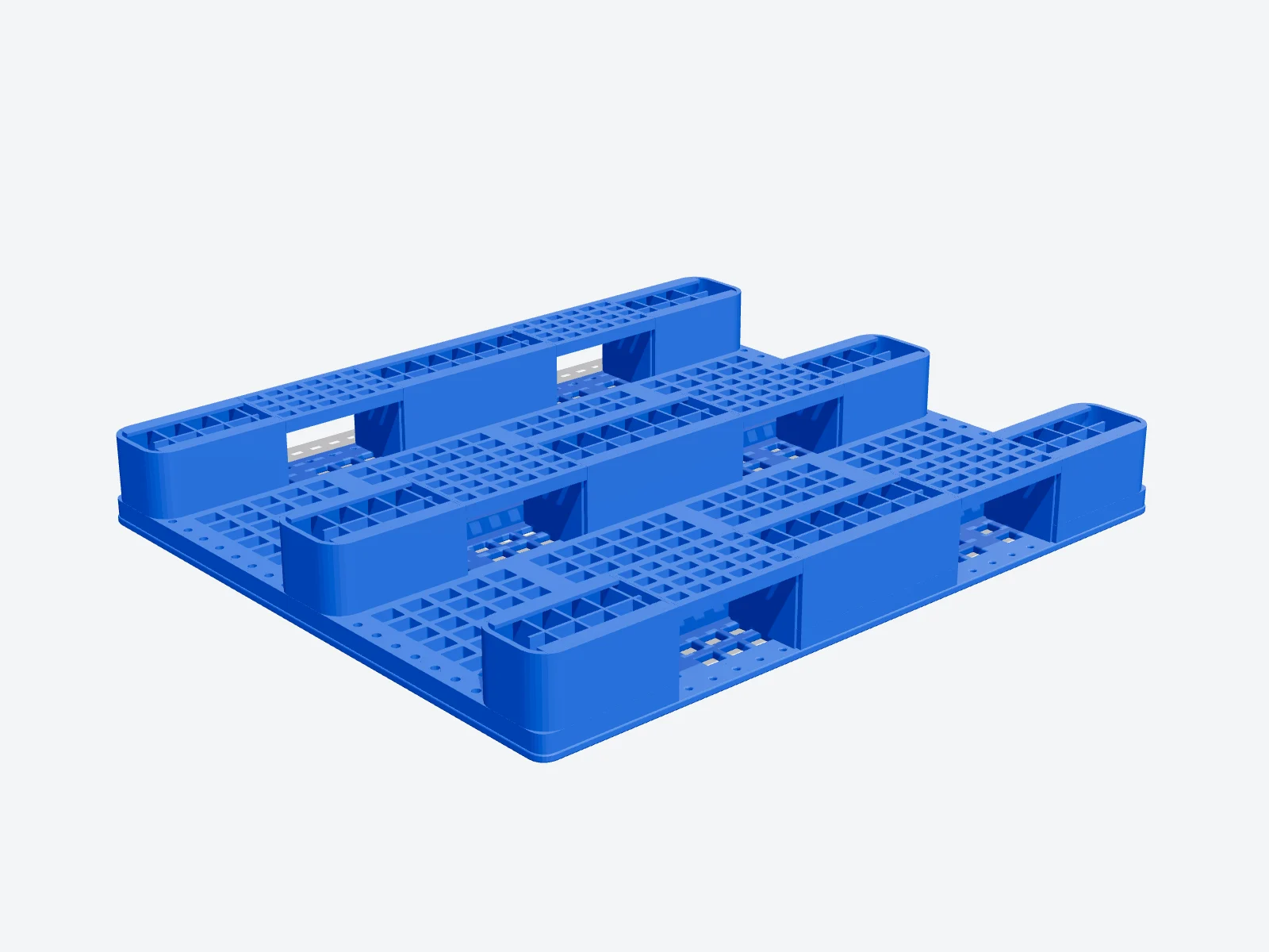 Mặt dưới pallet nhựa ba chân, thấy rõ các chân rỗng có gân chịu lực