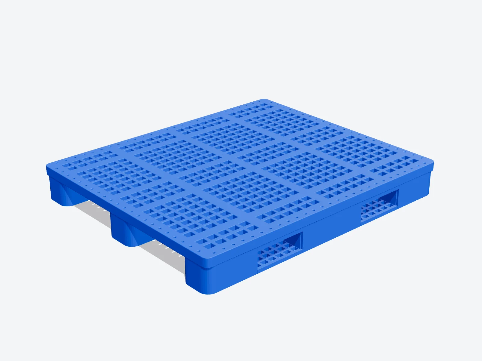 3D render of the grid deck of a blue three-runner plastic pallet seen from above, with rectangular drainage openings