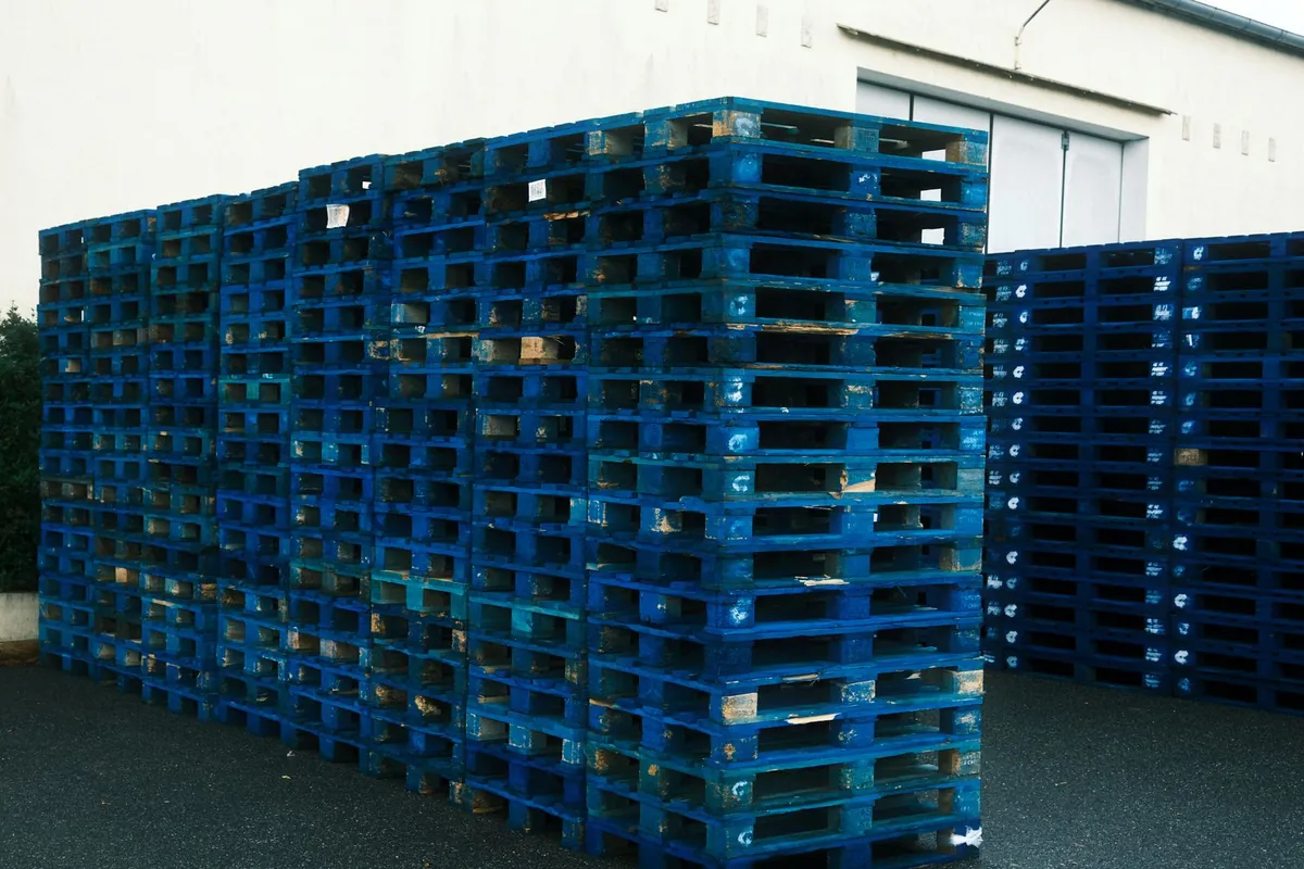 One-piece blue plastic pallets that are easy to clean, preferred in food warehouses
