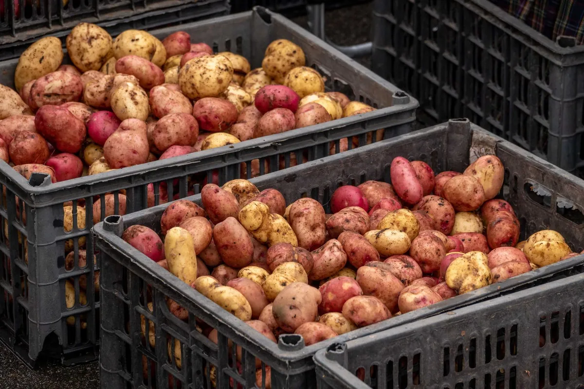 Potatoes harvested into dark grey open-mesh plastic crates