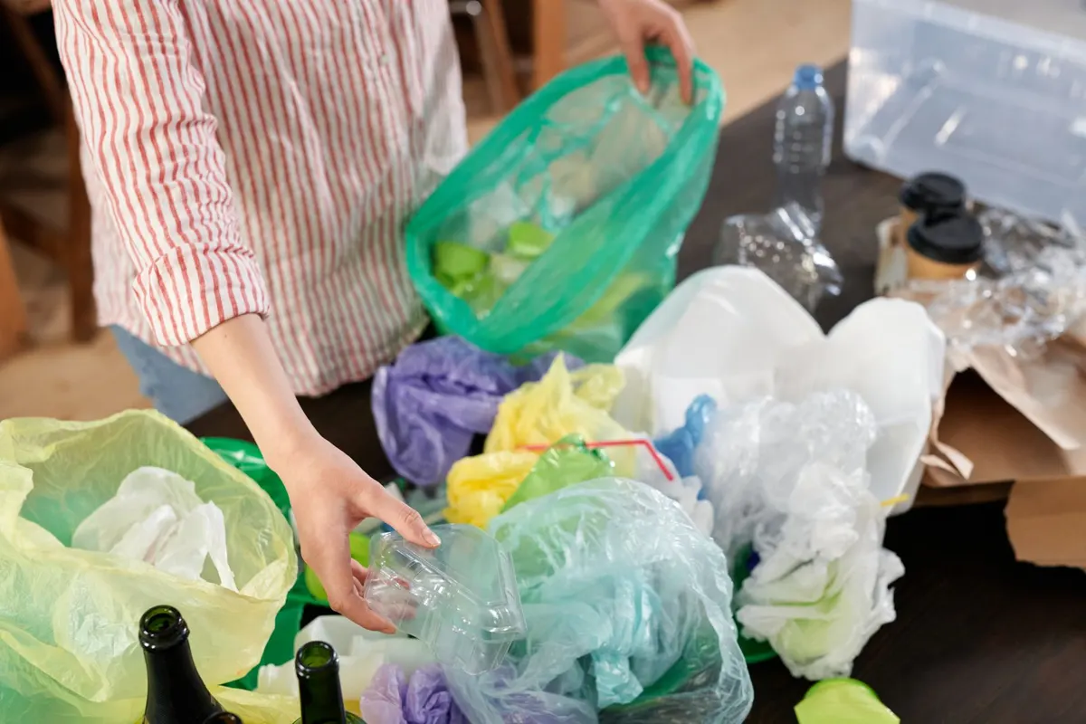 Plastic bottles, bags and packaging sorted by type