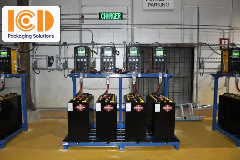 Electric forklift battery charging area with a row of wall-mounted chargers and batteries on racks in a workshop