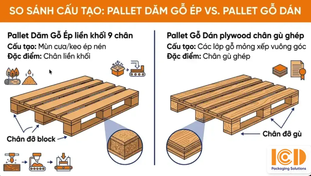 Comparison of pressed wood pallet and natural wood pallet