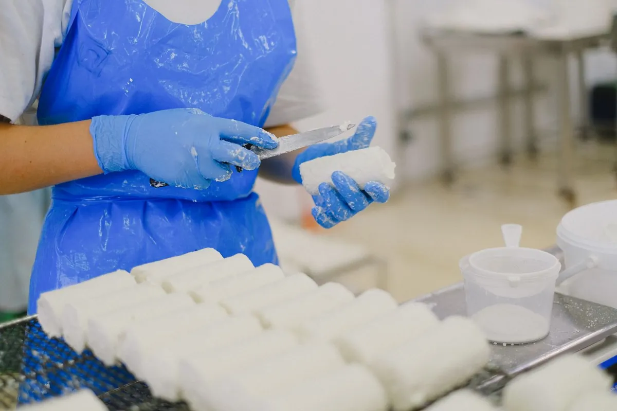 A worker in gloves and an apron in a food processing workshop